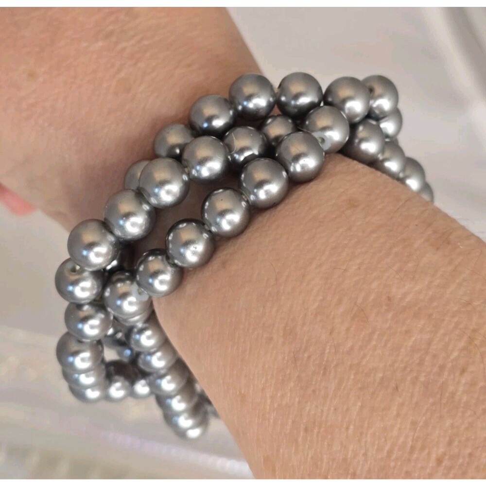 Vintage Gunmetal Gray Faux Pearl Multi Strand Stretch Bracelet Statement Jewelry